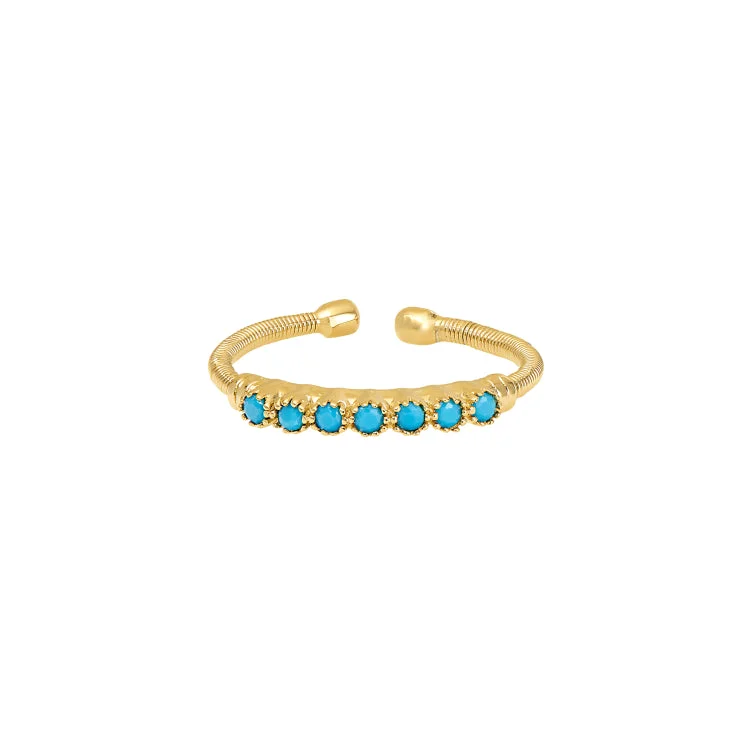 GoldRings-Gold Finish Sterling Silver Cable Cuff Ring with Beaded Bezel Set Simulated Turquoise