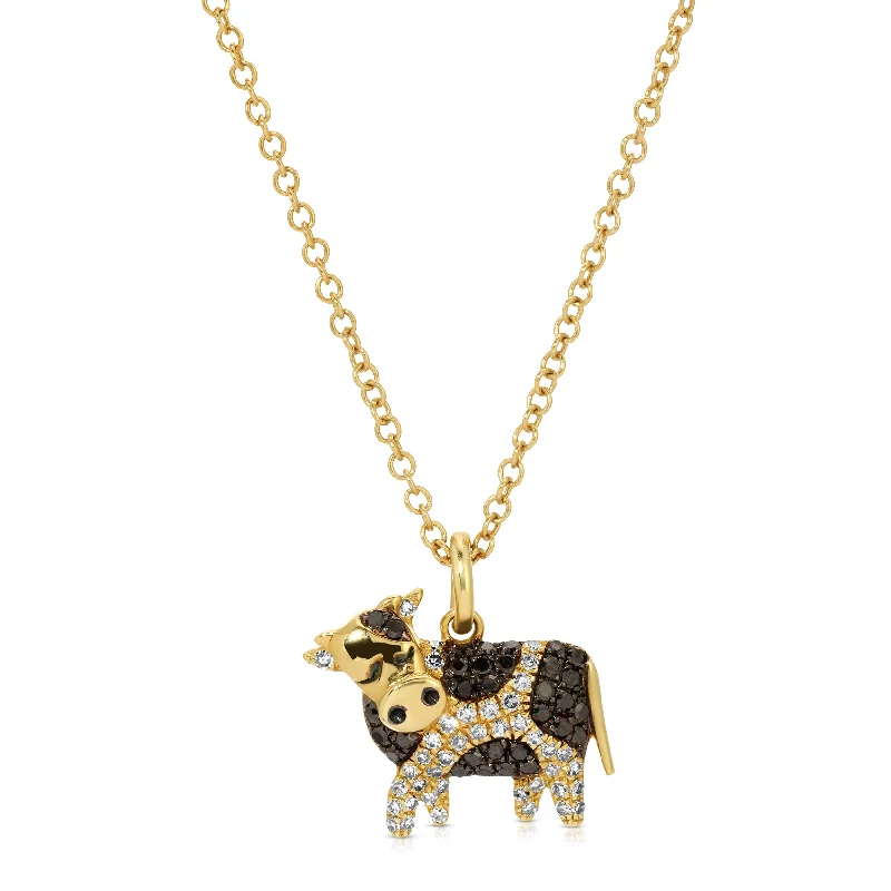 Men’s Gold Necklaces with Pendant-Black+White Diamond Cow Charm Necklace