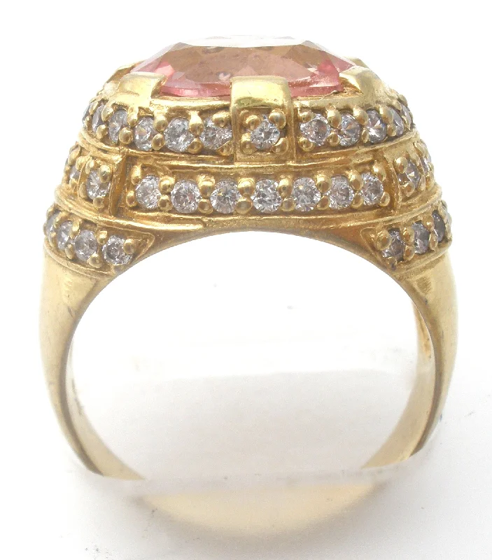 TensionSetRings-Pink CZ Halo Dome Ring Vermeil 925 Size 8.5