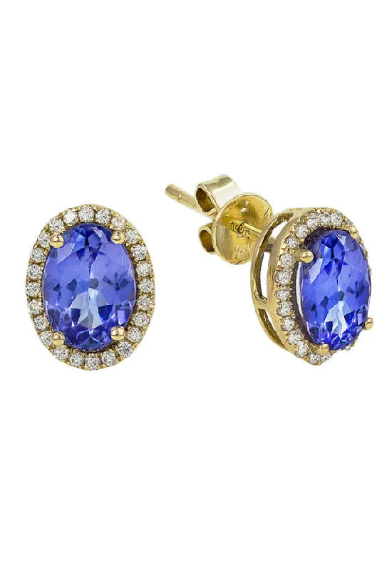 Stud Earrings-Simple Earrings-14K Yellow Gold Tanzanite & Diamond Earrings, 2.20 TCW