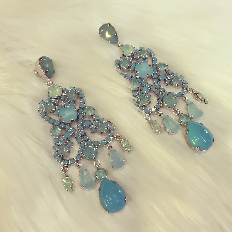 High Fashion Earrings-Beaded Earrings-Turquoise Earrings Blue Glass and Crystal Chandelier Pierced by Frangos