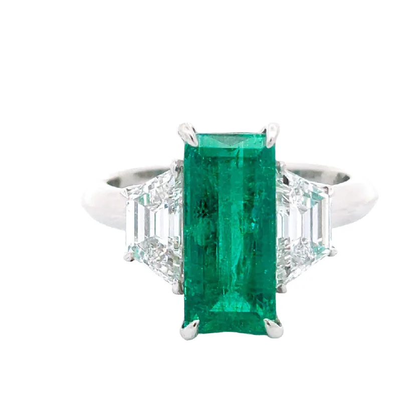 FishRings-M & Co. Platinum Colombian Emerald & Trapezoid Cut Diamond Ring