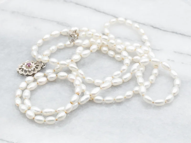 Customizable Charm Necklaces-Freshwater Pearl Necklace with Ruby Clasp