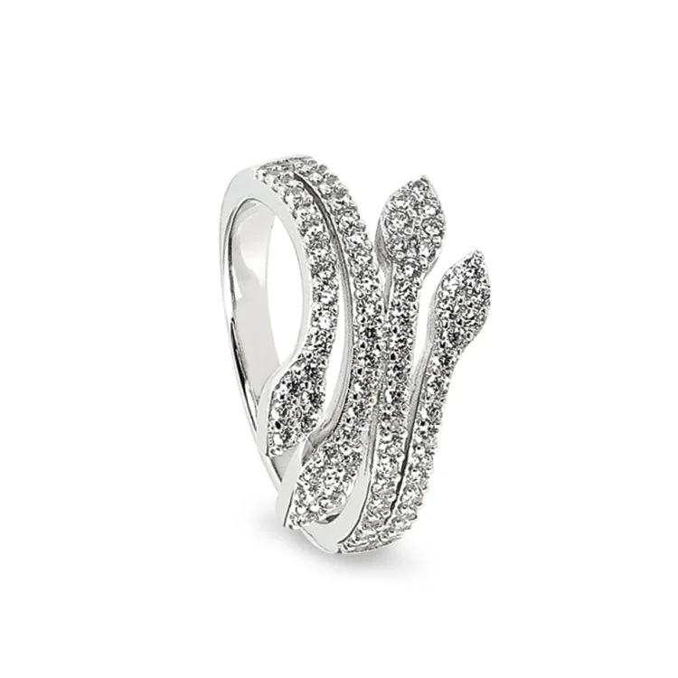 RubyRings-Platinum Finish Sterling Silver Micropave Leaf Ring with Simulated Diamonds