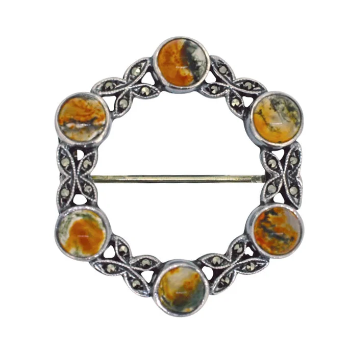 Brooch with colored crystals-Marcasite & Moss Agate Brooch