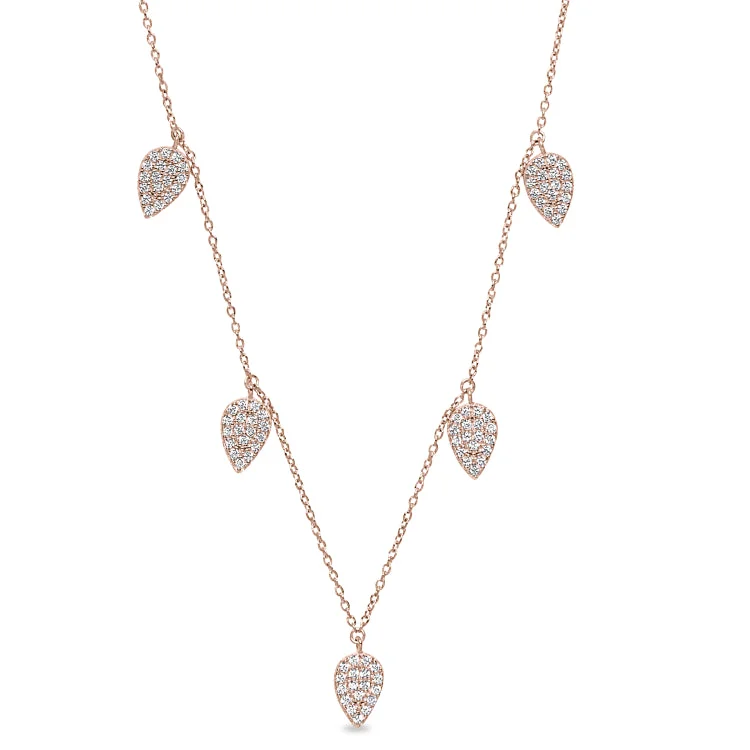 Simple Gold Chains for Men-Rose Gold Finish Sterling Silver Micropave 5 Floating Leaves Necklace with Simulated Diamonds on 16"-18" Adjustable Chain