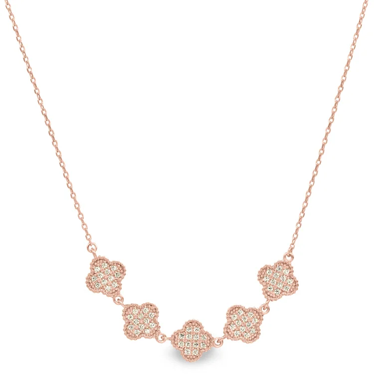 Handmade Necklaces for Gifts-Rose Gold Finish Sterling Silver Micropave Five Clover Necklace with Simulated Diamonds on 16"-18" Adjustable Chain