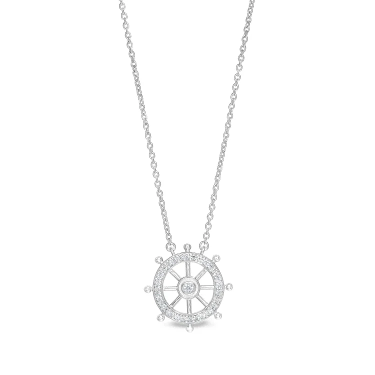 Natural Gemstone Necklaces-Platinum Finish Sterling Silver Micropave Ship's Wheel Necklace with Simulated Diamonds on 16" - 18" Adjustable Chain