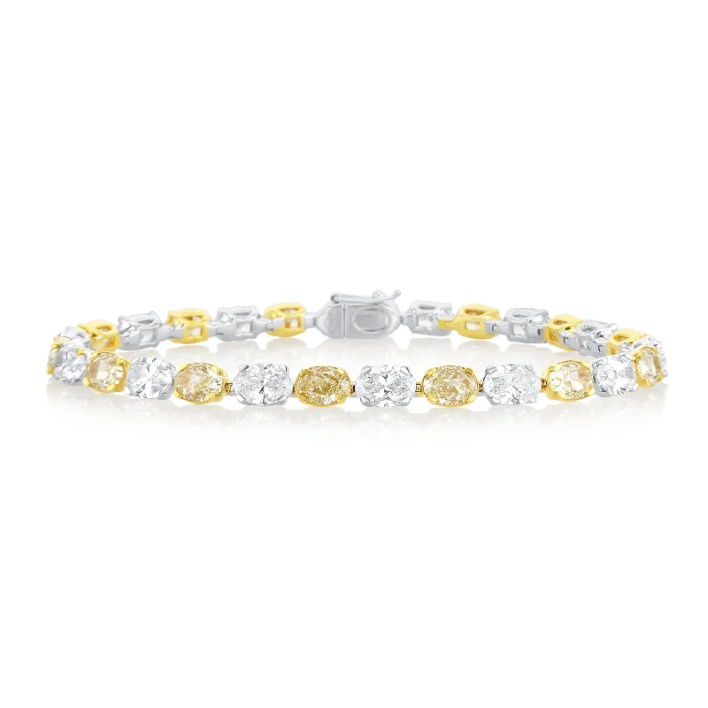 DiamondBracelets-14.28 Carat White & Yellow Natural Diamond Oval East West Tennis Bracelet in 18K White & Yellow Gold