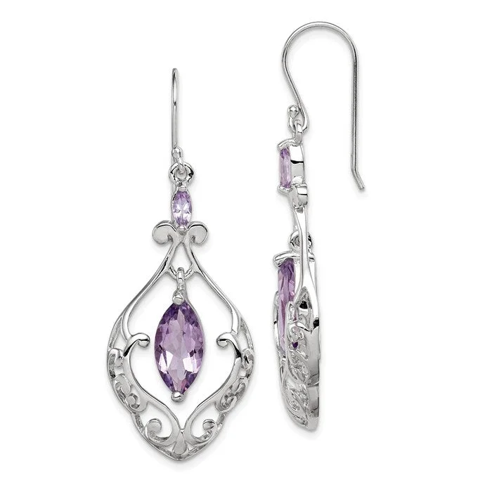 Wedding Earrings for Bridesmaids-Unique Earrings-Sterling Silver Marquise Amethyst Filigree Dangle Earrings