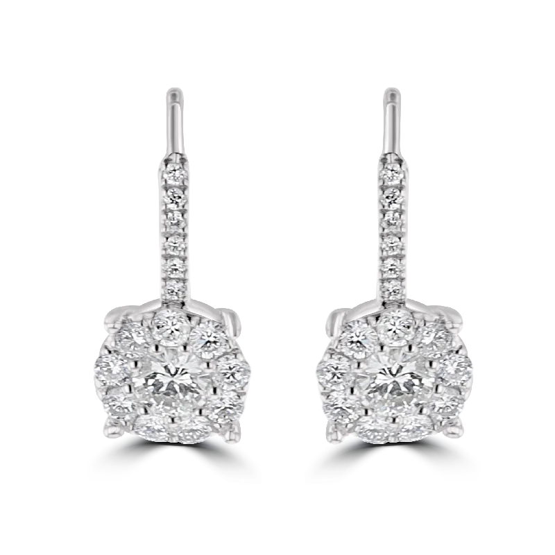 Modern Gemstone Earrings-Simple Drop Earrings-18KT WHITE GOLD 1.00 CTW DIAMOND CLUSTER DROP LEVERBACK EARRINGS