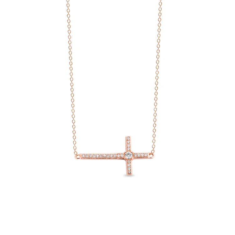 Antique Gold Necklaces-Rose Gold Finish Sterling Silver Micropave Sideways Cross Necklace with Simulated Diamonds on 18" Cable Chain