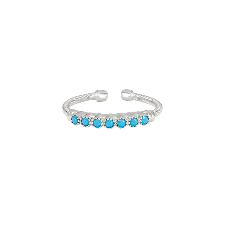 TeenRings-Rhodium Finish Sterling Silver Cable Cuff Ring with Beaded Bezel Set Simulated Turquoise