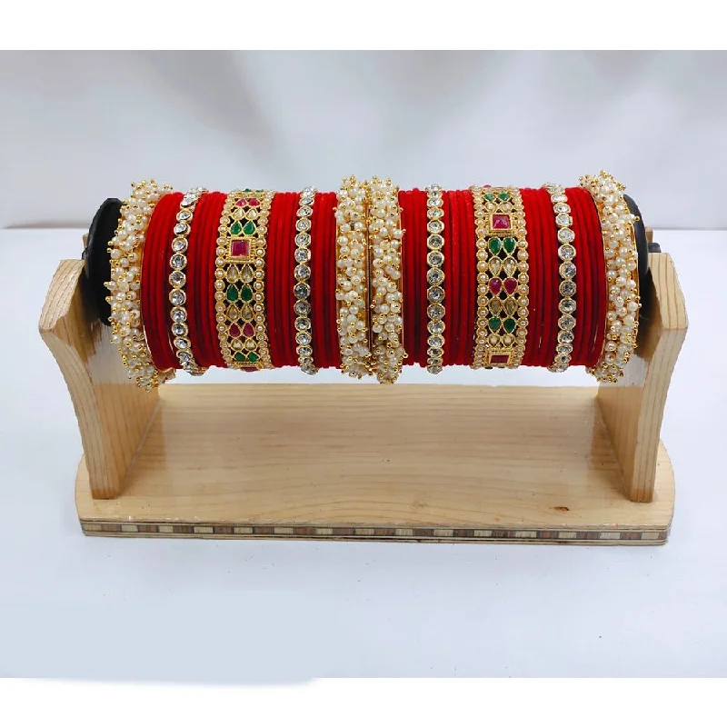 Unique Bangles For Statement Look-Akruti Collection Gold Plated Kundan Stone & Pearls Velvet Bangles Set