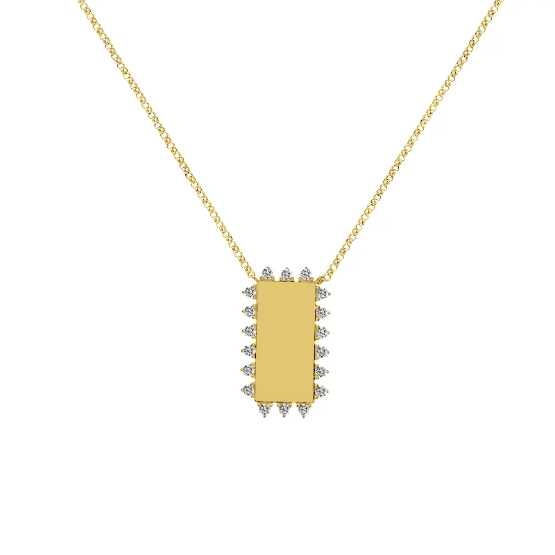 Custom Nameplate Necklaces-Engravable Rectangular Gold and Diamond Necklace