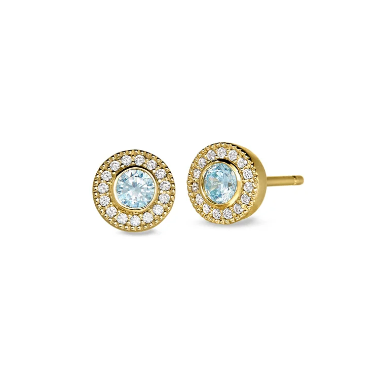 Colorful Earrings-Elegant Earrings for Women-Gold Finish Sterling Silver Micropave Round Simulated Aquamarine Earrings with Simulated Diamonds