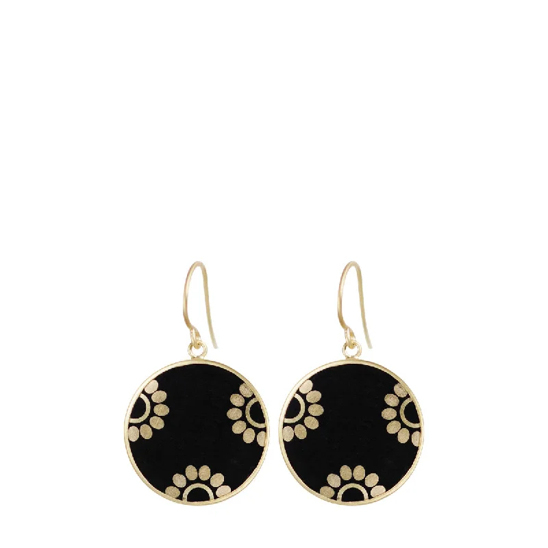 Crystal Drop Earrings-Personalized Drop Earrings-18K Gold Ebony Flower Disc Earrings