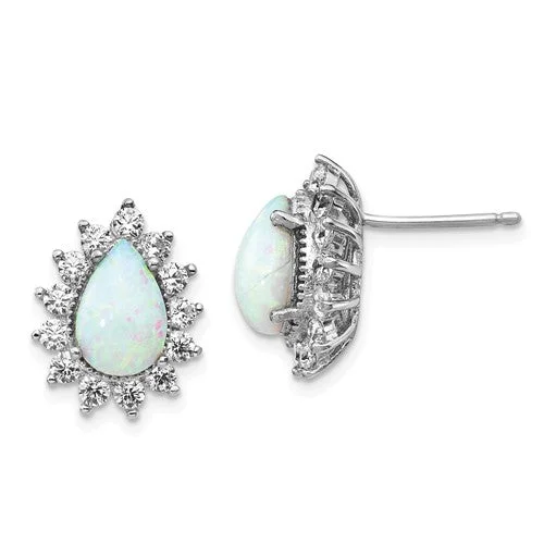 Multicolor Drop Earrings-Casual Earrings-Cheryl M Sterling Silver CZ Pear Opal Halo Post Earrings