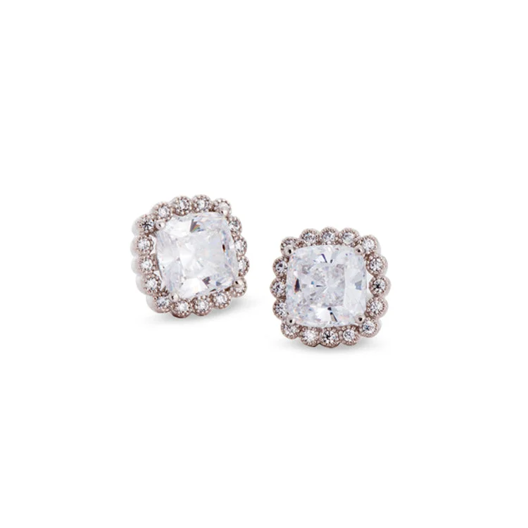 Ethnic Earrings-Small Drop Earrings-Platinum Finish Sterling Silver Cushion Cut Earrings with 32 Simulated Diamonds