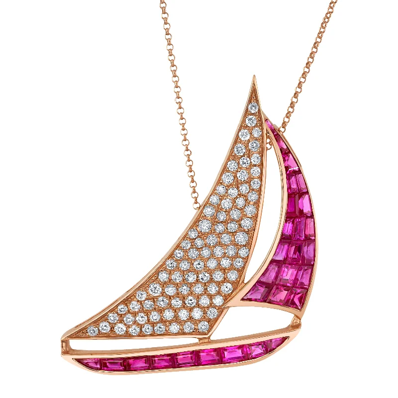 Gold and Diamond Necklaces-Pave Diamond Ruby Sailboat Pendant Necklace