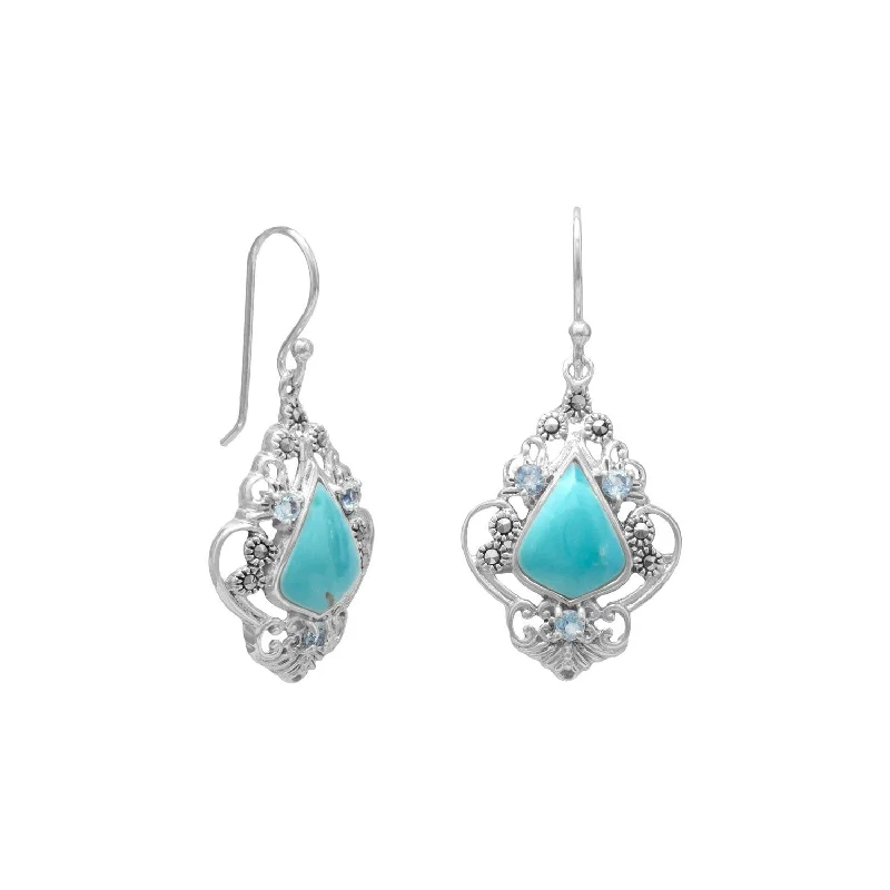 Holiday Drop Earrings-Black Earrings-Sterling Silver Reconstituted Turquoise, Blue Topaz and Marcasite Dangle Earrings