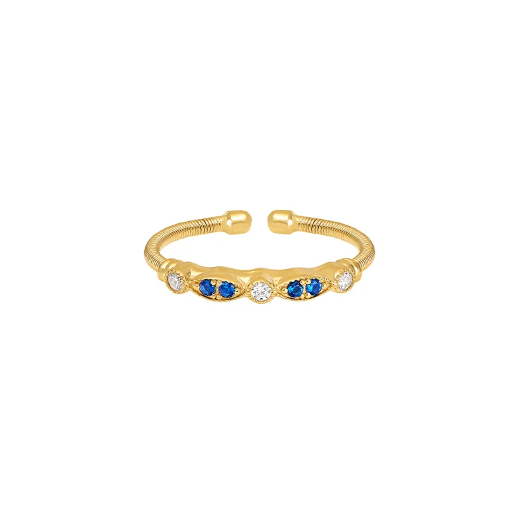 TwistedRings-Gold Finish Sterling Silver Cable Cuff Ring with Simulated Blue Sapphire and Simulated Diamond Marquis & Round Design