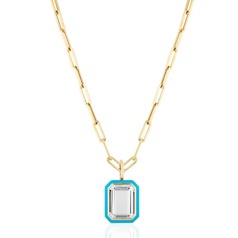 Handcrafted Diamond Necklaces-Rock Crystal Emerald-Cut Necklace with Enamel