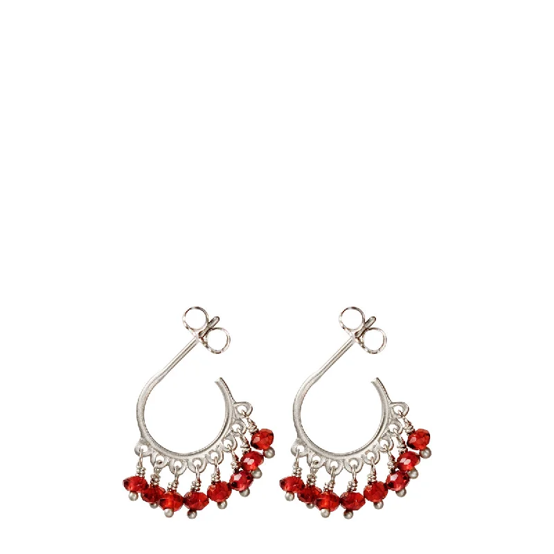 Glitter Earrings-Designer Earrings-Sterling Silver Small Fine Garnet Beaded Hoop Earrings