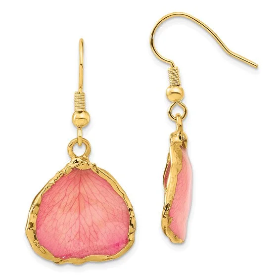 Double Hoop Earrings-Small Hoop Earrings-Lacquer Dipped 24k Gold Trim Pink Rose Petal Dangle Earrings