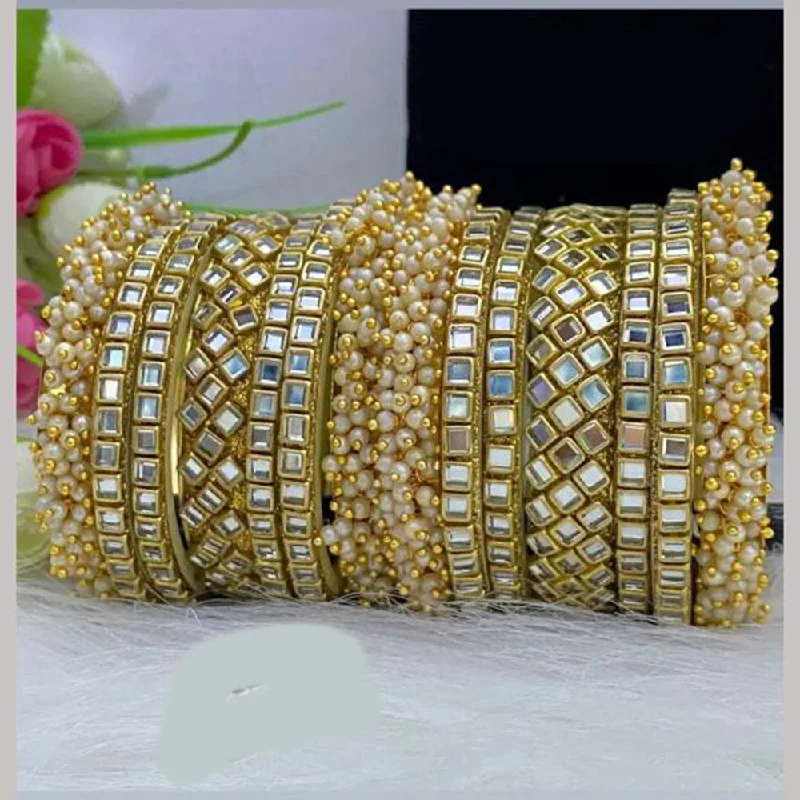 Handmade Bangles For Unique Look-FS Collections Gold Plated Mirror And Pearls Bangles Set