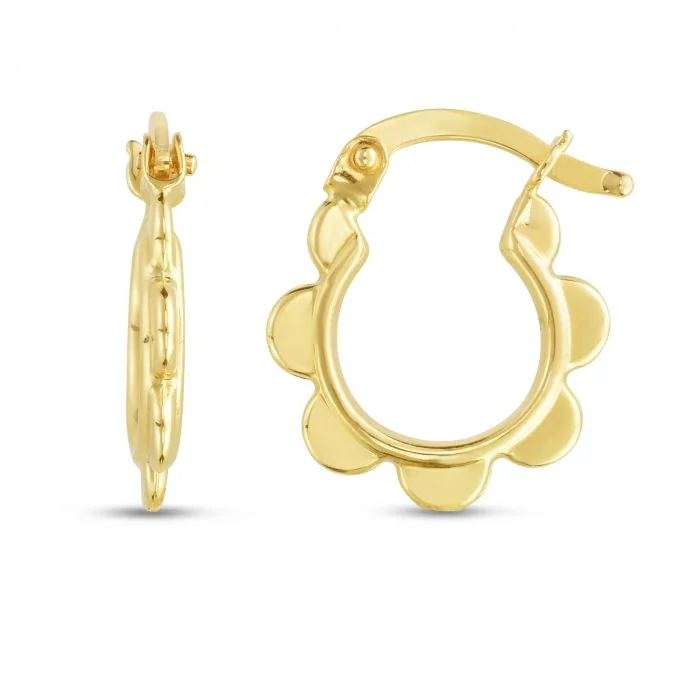 Unique Drop Earrings-Luxury Diamond Earrings-EMILIQUE 14KT YELLOW GOLD SMALL SCALLOPED HOOP EARRINGS