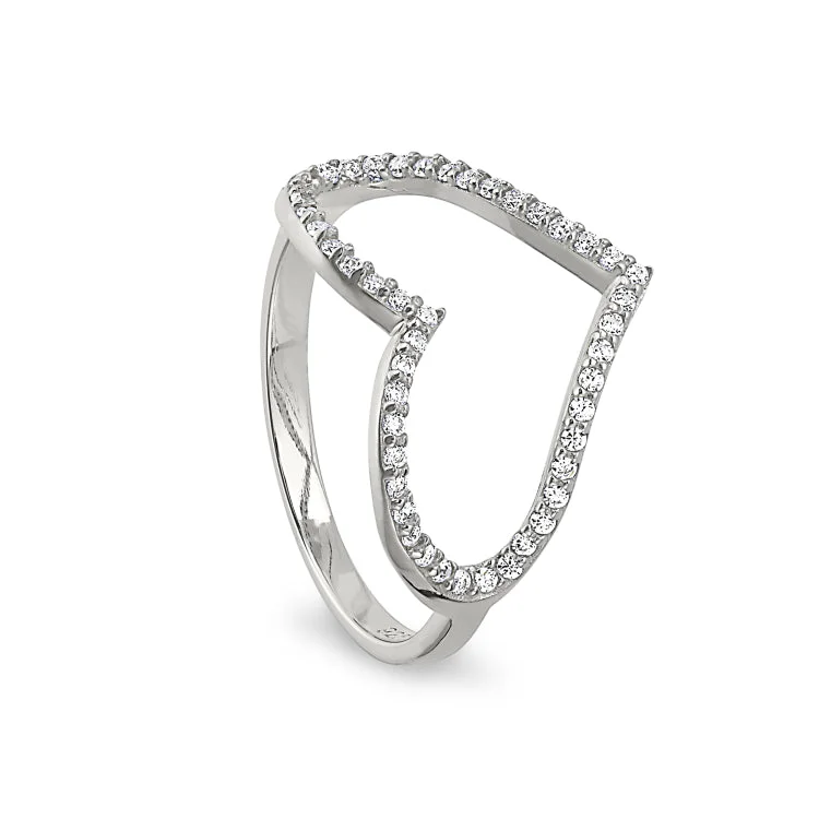 GalaxyRings-Platinum Finish Sterling Silver Micropave Open Heart Ring with Simulated Diamonds