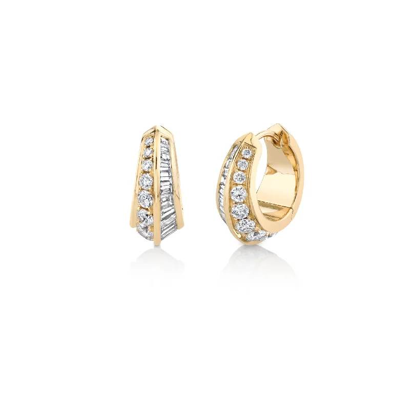 Elegant Earrings-Evening Earrings-Crescent Hoops with Pave Diamonds and Tapered Baguettes