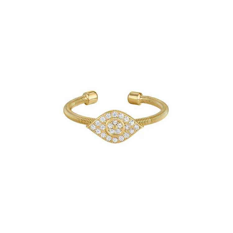 CatRings-Gold Finish Sterling Silver Cable Cuff Evil Eye Ring with Simulated Diamonds