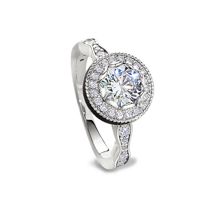 EngagementRings-Platinum Finish Sterling Silver Micropave Round Halo Ring with Simulated Diamonds - Size 9