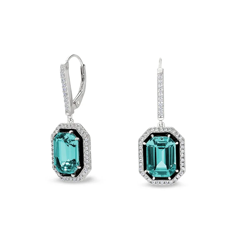 Gemstone Drop Earrings-Elegant Hoop Earrings for Brides-Platinum Finish Sterling Silver Micropave Black Enamel & Aqua Spinel Octagon Earrings with Simulated Diamonds