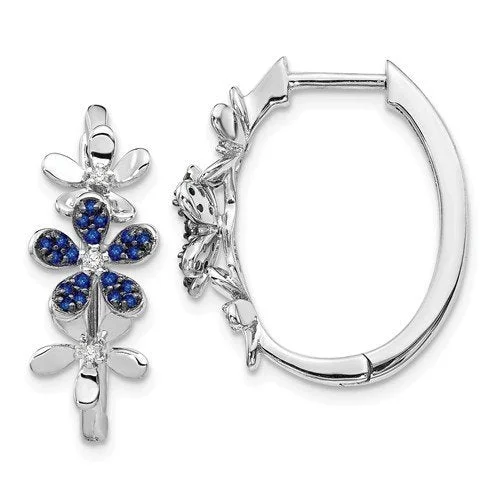 Clip-On Earrings-Black Crystal Earrings-14KT WHITE GOLD 0.18 CTW SAPPHIRE & 0.06 CTW DIAMOND FLORAL HOOP EARRINGS