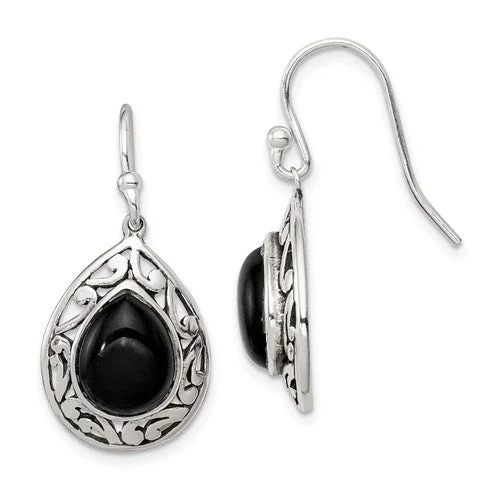 Boho Earrings-Clear Earrings-Sterling Silver Antiqued Finish Filigree Onyx Pear Dangle Earrings