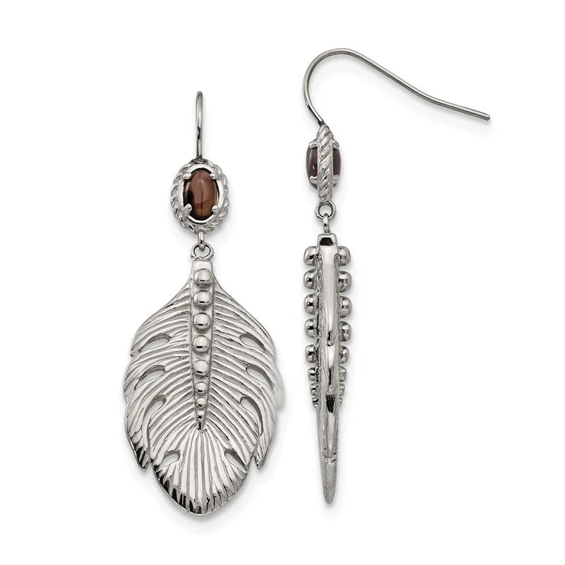 Large Dangle Earrings-Art Deco Earrings-Stainless Steel Smoky Quartz Feather Earrings