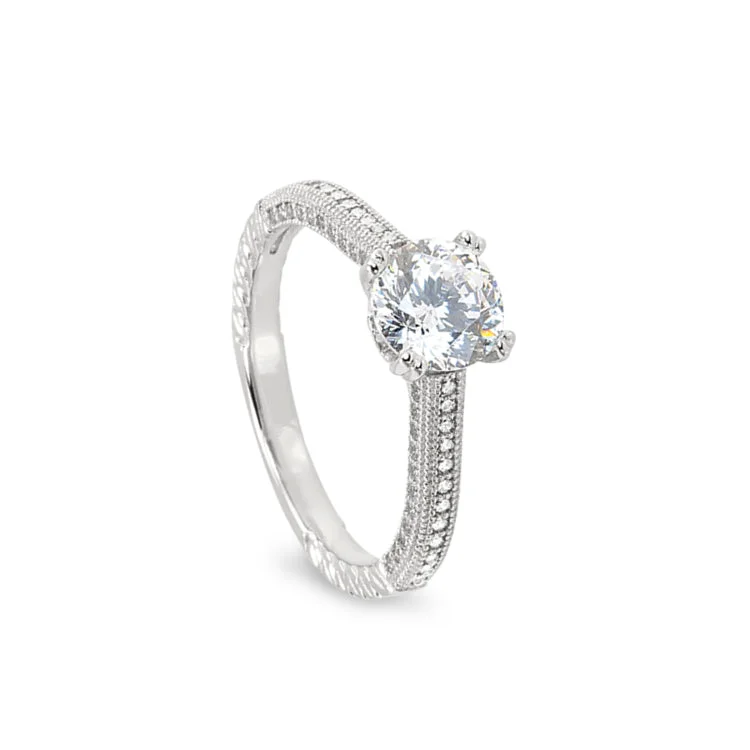 BirthstoneRings-Platinum Finish Sterling Silver Micropave Vintage Engagement Ring with 100 Facet Simulated Daimond