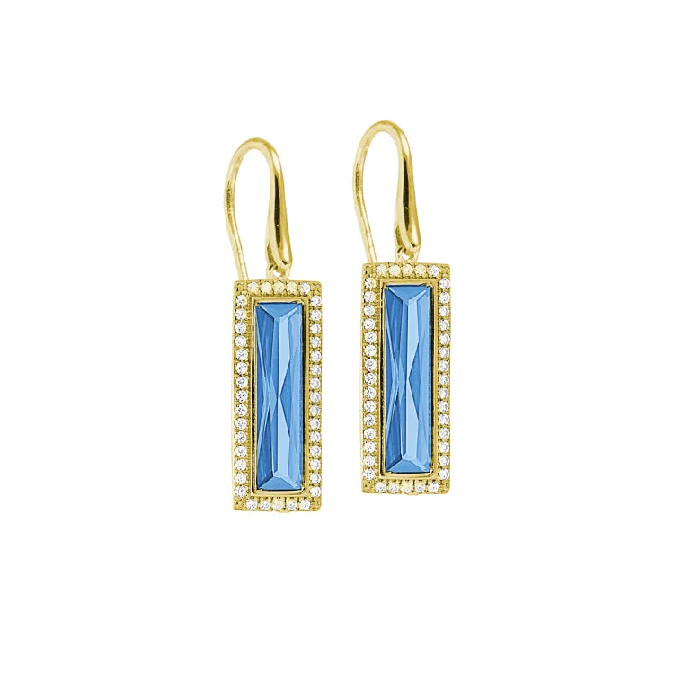 Floral Earrings-Simple Crystal Earrings-Gold Finish Sterling Silver Earrings with Rectangular Simulated Blue Topaz Stones and Simulated Diamonds