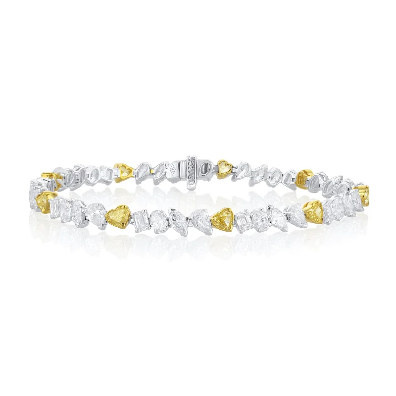 CharmBracelets-9.15 Carat Fancy Shape and Fancy Yellow Heart Diamond Bracelet set in 18K Gold