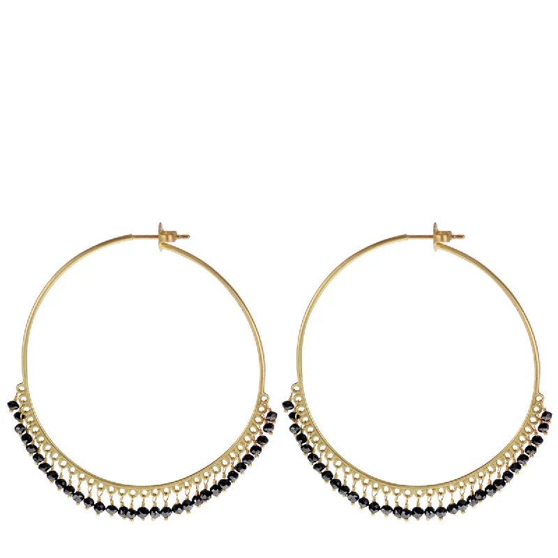 Crystal Hoop Earrings-Modern Gold Earrings-18K Gold Large Black Diamond Endless Hoop Earrings