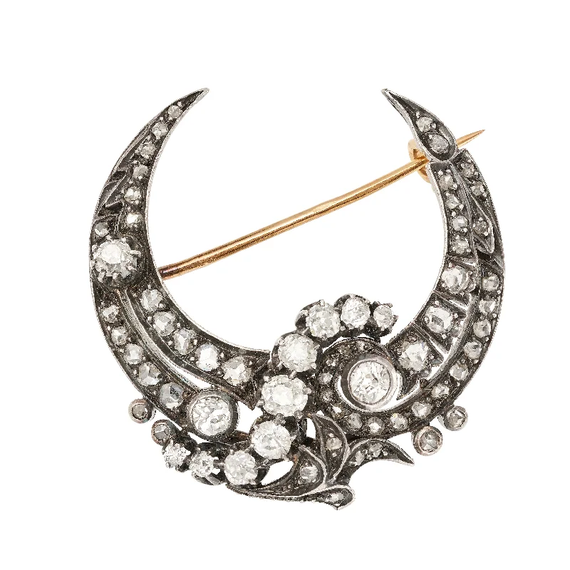 Diamond brooch-*NEW* Victorian Crescent Diamond Moon 18ct. & Silver Brooch