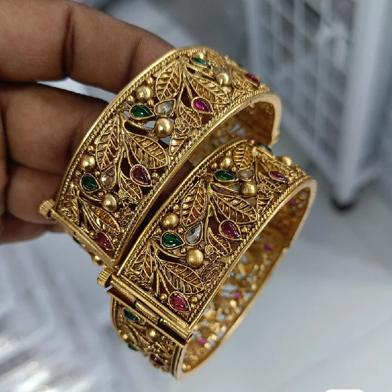 Gold Bangles For Occasions-Rani Sati Jewels Gold Plated Pota Stone Openable Bangles Set