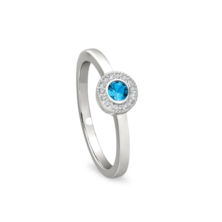 WeddingRings-Platinum Finish Sterling Silver Micropave Round Simulated Blue Topaz Ring with Simulated Diamonds Size 7