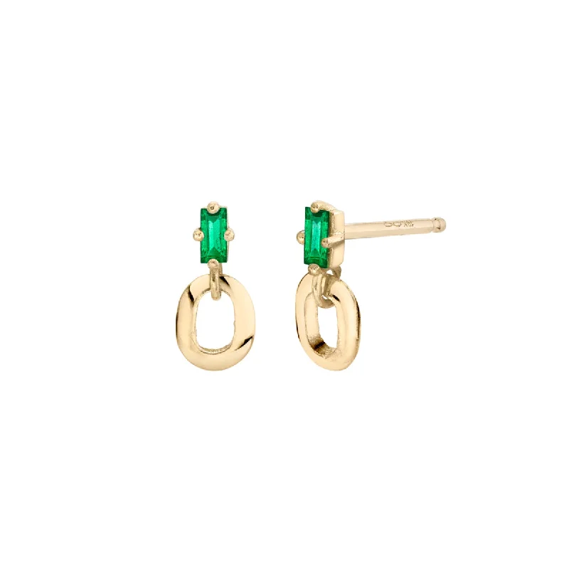 Gold Stud Earrings-Bright Drop Earrings-Emerald Baguette and XS Link Stud