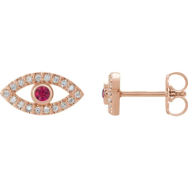 Bright Gold Earrings-Natural Stone Earrings-14KT GOLD RUBY & WHITE SAPPHIRE EVIL EYE EARRINGS