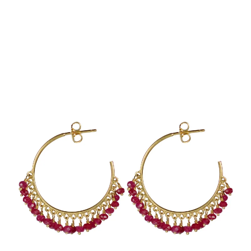 Simple Crystal Earrings-Holiday Earrings-18K Gold Medium Fine Ruby Beaded Hoop Earrings