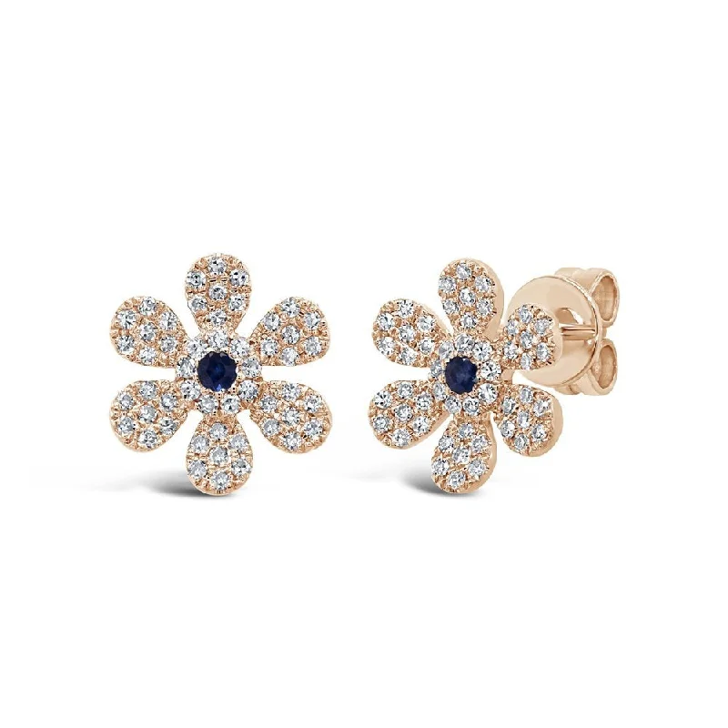 Hoop Earrings-Soft Earrings-14KT GOLD .05 CTW BLUE SAPPHIRE & .24 CTW DIAMOND FLOWER EARRINGS